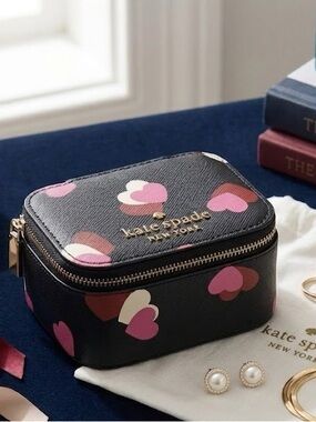kate spade Black Heart-Print Jewelry Case with Pink & Cream Hearts